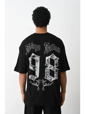 Unisex Baskılı Oversize T-Shirt - Siyah