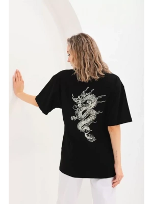 Unisex Baskılı Oversize T-Shirt - Siyah