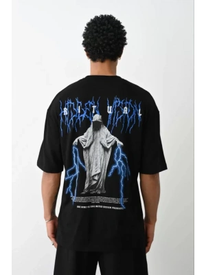 Unisex Baskılı Oversize T-Shirt - Siyah