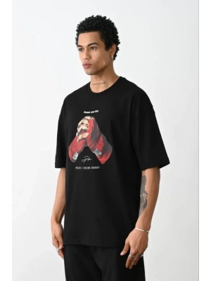 Unisex Baskılı Oversize T-Shirt - Siyah