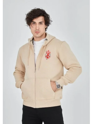 Unisex Baskılı Tam Fermuarlı Kapşonlu SweatShirt - Bej