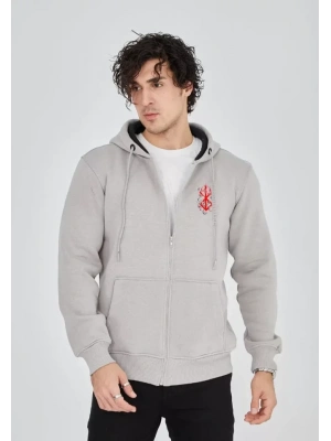 Unisex Baskılı Tam Fermuarlı Kapşonlu SweatShirt - Boyalı Gri