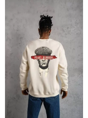 Unisex Bisiklet Yaka Baskılı Oversize Sweatshirt - Beyaz