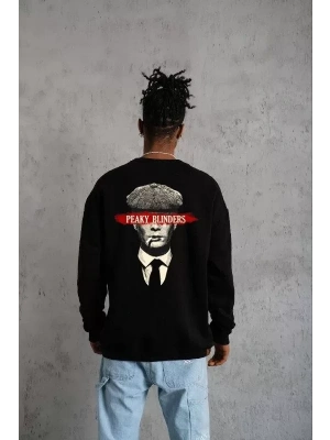 Unisex Bisiklet Yaka Baskılı Oversize Sweatshirt - Siyah