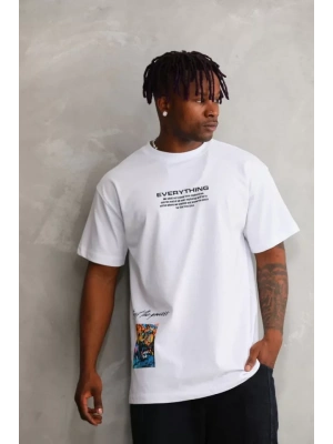 Unisex Bisiklet Yaka Baskılı Oversize T-Shirt - Beyaz