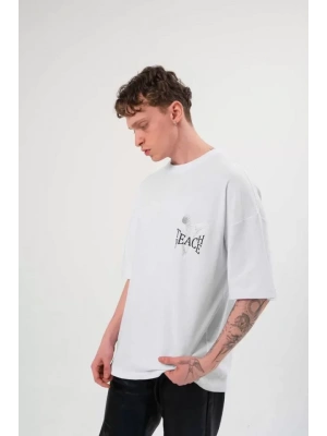 Unisex Bisiklet Yaka Baskılı Oversize T-Shirt - Beyaz