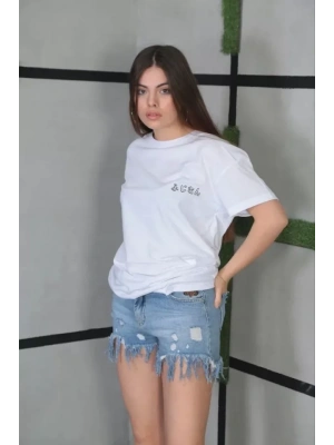 Unisex Bisiklet Yaka Baskılı Oversize T-Shirt- Beyaz