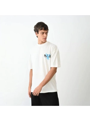 Unisex Bisiklet Yaka Baskılı Oversize T-Shirt - Beyaz