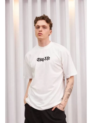 Unisex Bisiklet Yaka Baskılı Oversize T-Shirt - Beyaz