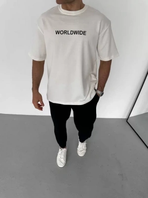 Unisex Bisiklet Yaka Baskılı Oversize T-Shirt - Beyaz