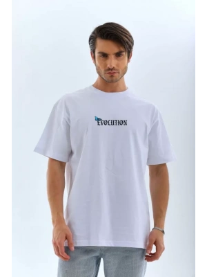 Unisex Bisiklet Yaka Baskılı Oversize T-Shirt - Beyaz