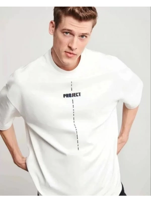 Unisex Bisiklet Yaka Baskılı Oversize T-Shirt - Beyaz