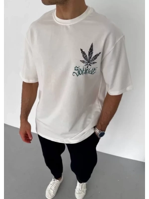 Unisex Bisiklet Yaka Baskılı Oversize T-Shirt - Beyaz