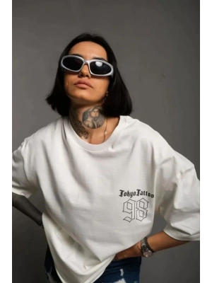 Unisex Bisiklet Yaka Baskılı Oversize T-Shirt - Beyaz