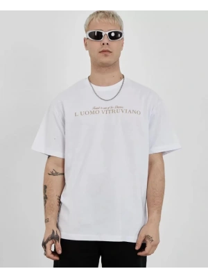 Unisex Bisiklet Yaka Baskılı Oversize T-Shirt - Beyaz