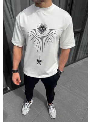 Unisex Bisiklet Yaka Baskılı Oversize T-Shirt - Beyaz