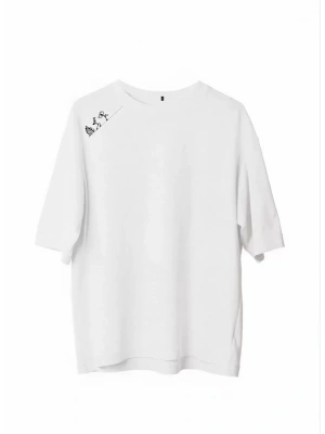 Unisex Bisiklet Yaka Baskılı Oversize T-Shirt - Beyaz