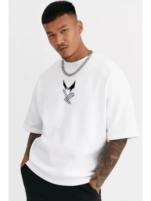 Unisex Bisiklet Yaka Baskılı Oversize T-Shirt - Beyaz