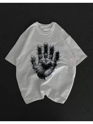 Unisex Bisiklet Yaka Baskılı Oversize T-Shirt - Beyaz