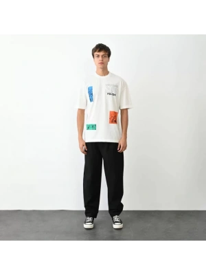 Unisex Bisiklet Yaka Baskılı Oversize T-Shirt - Beyaz