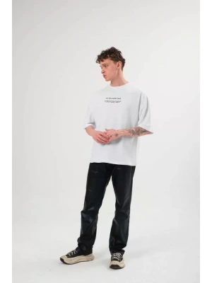 Unisex Bisiklet Yaka Baskılı Oversize T-Shirt - Beyaz