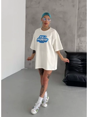 Unisex Bisiklet Yaka Baskılı Oversize T-Shirt - Beyaz