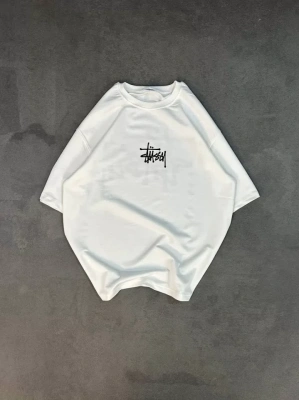 Unisex Bisiklet Yaka Baskılı Oversize T-Shirt - Beyaz