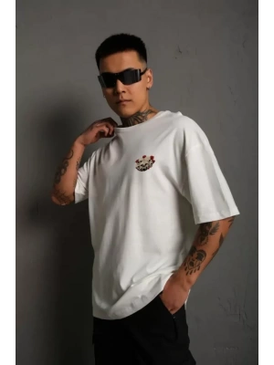 Unisex Bisiklet Yaka Baskılı Oversize T-Shirt - Beyaz
