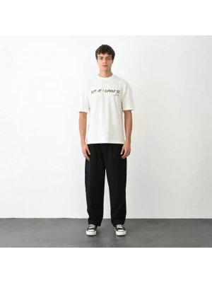 Unisex Bisiklet Yaka Baskılı Oversize T-Shirt - Beyaz