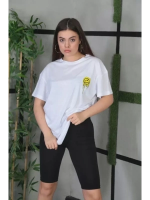Unisex Bisiklet Yaka Baskılı Oversize T-Shirt - Beyaz