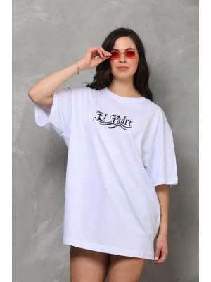 Unisex Bisiklet Yaka Baskılı Oversize T-Shirt - Beyaz