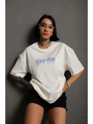 Unisex Bisiklet Yaka Baskılı Oversize T-Shirt - Beyaz