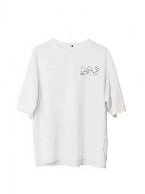 Unisex Bisiklet Yaka Baskılı Oversize T-Shirt - Beyaz
