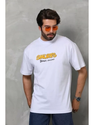 Unisex Bisiklet Yaka Baskılı Oversize T-Shirt - Beyaz