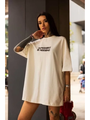 Unisex Bisiklet Yaka Baskılı Oversize T-Shirt - Beyaz