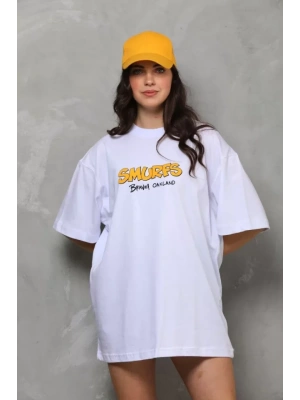 Unisex Bisiklet Yaka Baskılı Oversize T-Shirt - Beyaz