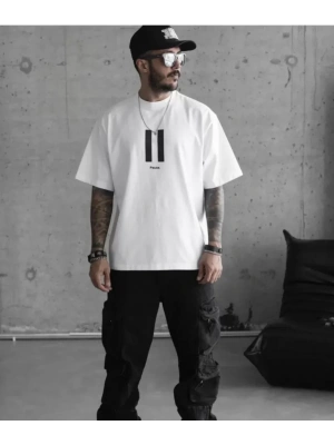 Unisex Bisiklet Yaka Baskılı Oversize T-Shirt - Beyaz