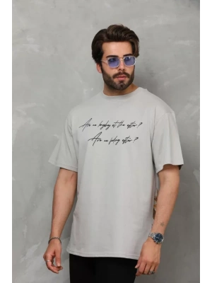 Unisex Bisiklet Yaka Baskılı Oversize T-Shirt - Gri