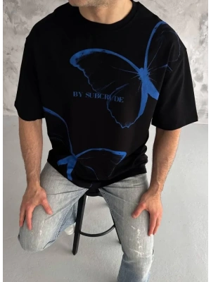 Unisex Bisiklet Yaka Baskılı Oversize T-Shirt - Siyah