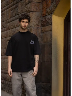 Unisex Bisiklet Yaka Baskılı Oversize T-Shirt - Siyah