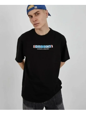 Unisex Bisiklet Yaka Baskılı Oversize T-Shirt - Siyah