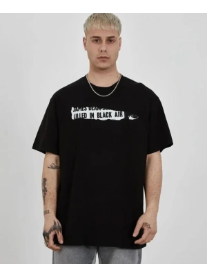 Unisex Bisiklet Yaka Baskılı Oversize T-Shirt - Siyah