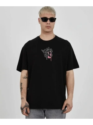 Unisex Bisiklet Yaka Baskılı Oversize T-Shirt - Siyah