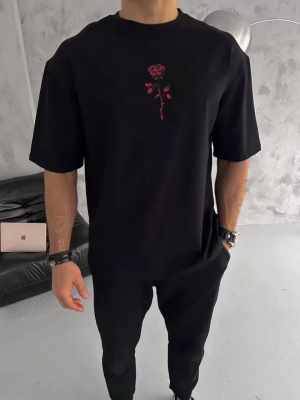 Unisex Bisiklet Yaka Baskılı Oversize T-Shirt - Siyah