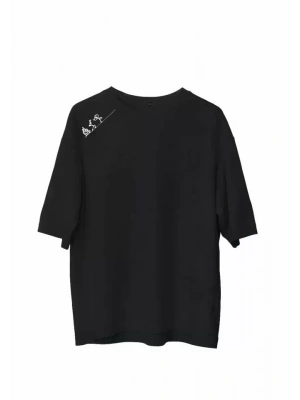 Unisex Bisiklet Yaka Baskılı Oversize T-Shirt - Siyah