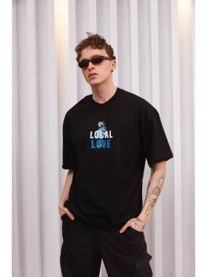 Unisex Bisiklet Yaka Baskılı Oversize T-Shirt - Siyah