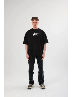 Unisex Bisiklet Yaka Baskılı Oversize T-Shirt - Siyah
