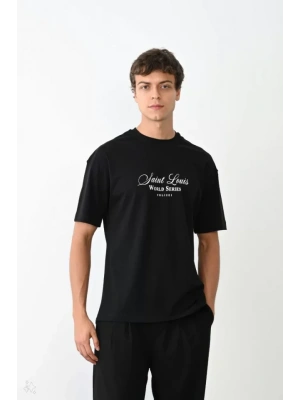 Unisex Bisiklet Yaka Baskılı Oversize T-Shirt - Siyah