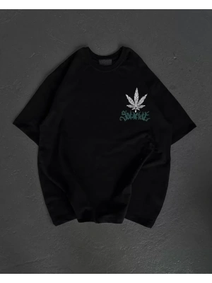 Unisex Bisiklet Yaka Baskılı Oversize T-Shirt - Siyah