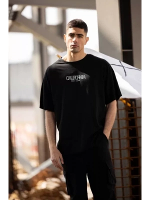 Unisex Bisiklet Yaka Baskılı Oversize T-Shirt - Siyah